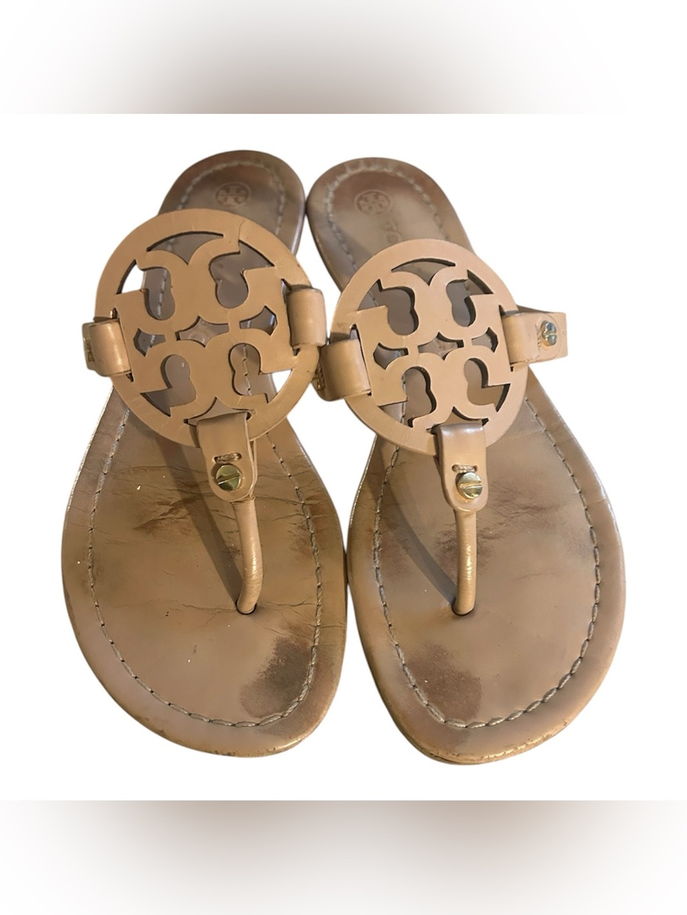 Tory Burch Logo Thong Sandals in Nude Tan - Picture 1 of 4
